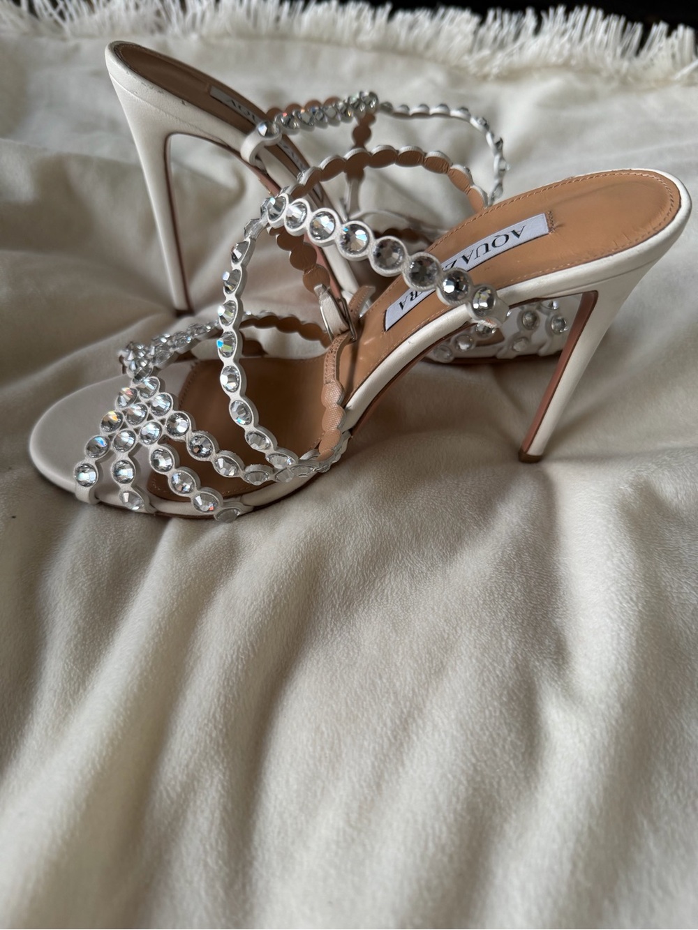 Aquazzura White Crystal-Embellished Strappy Heels - Picture 11 of 14